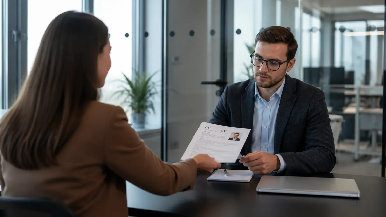 Candidate handing over a CV in a job interview